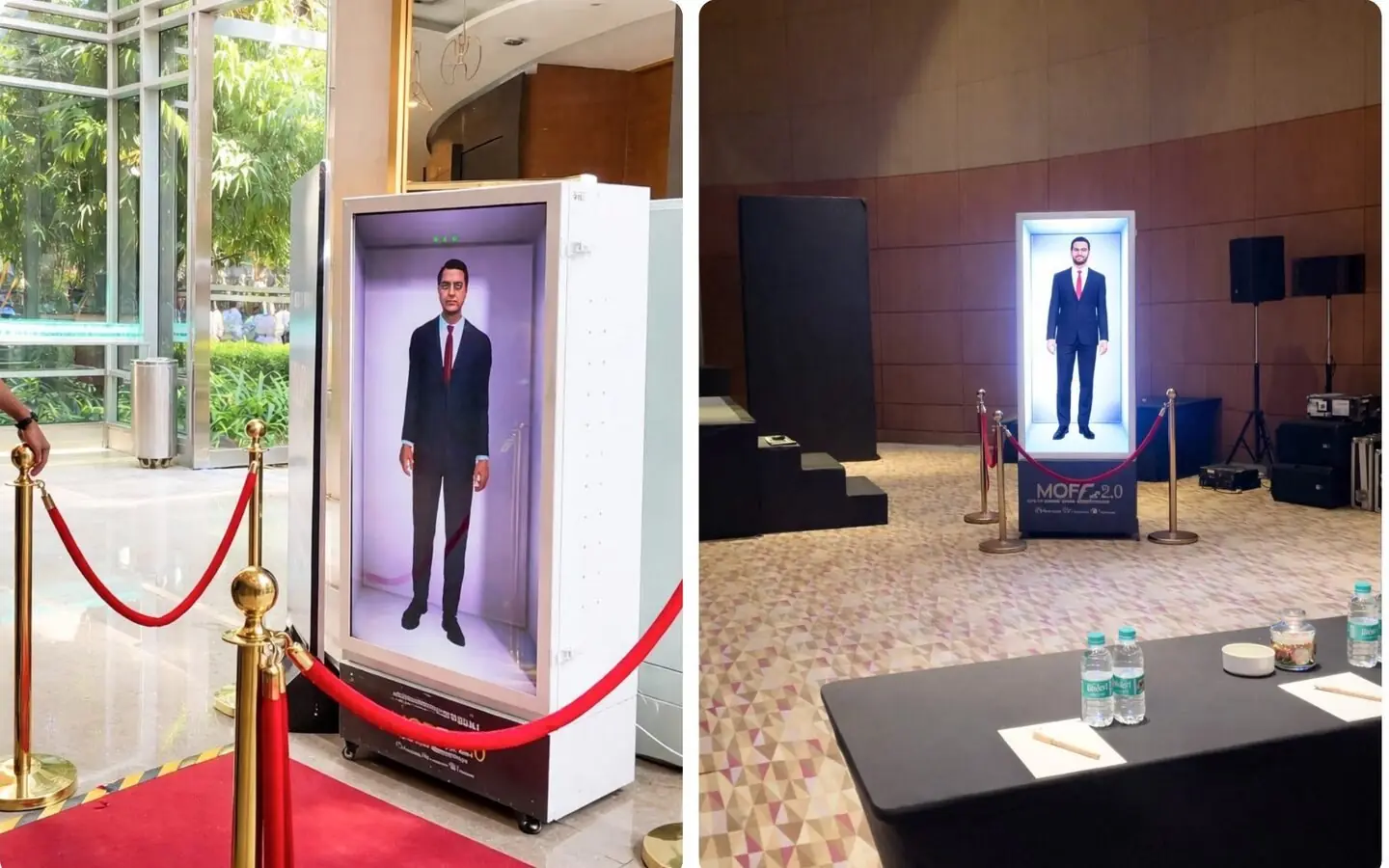 Two HoloBox 911 units showing a life-size presenter, one in a lobby and one in an event hall