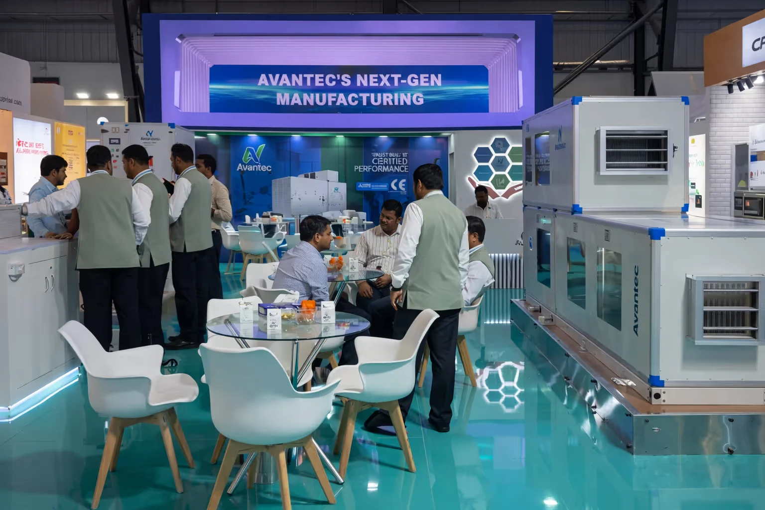 Business group discussion at Avantec's Next-Gen Manufacturing booth with industrial equipment and seating area.