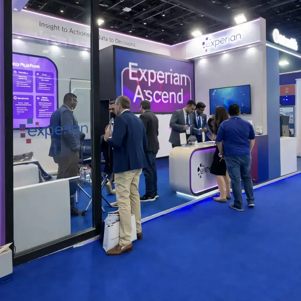 An exhibition booth with an immersive LED display and visitors at Global Fintech Fest