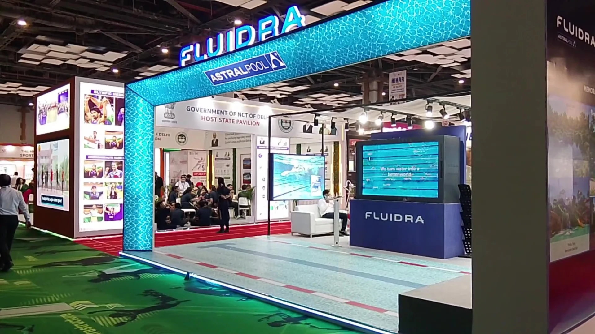 Fluidra AstralPool arch over the stand in Hall 14 at SFI Expo 2026