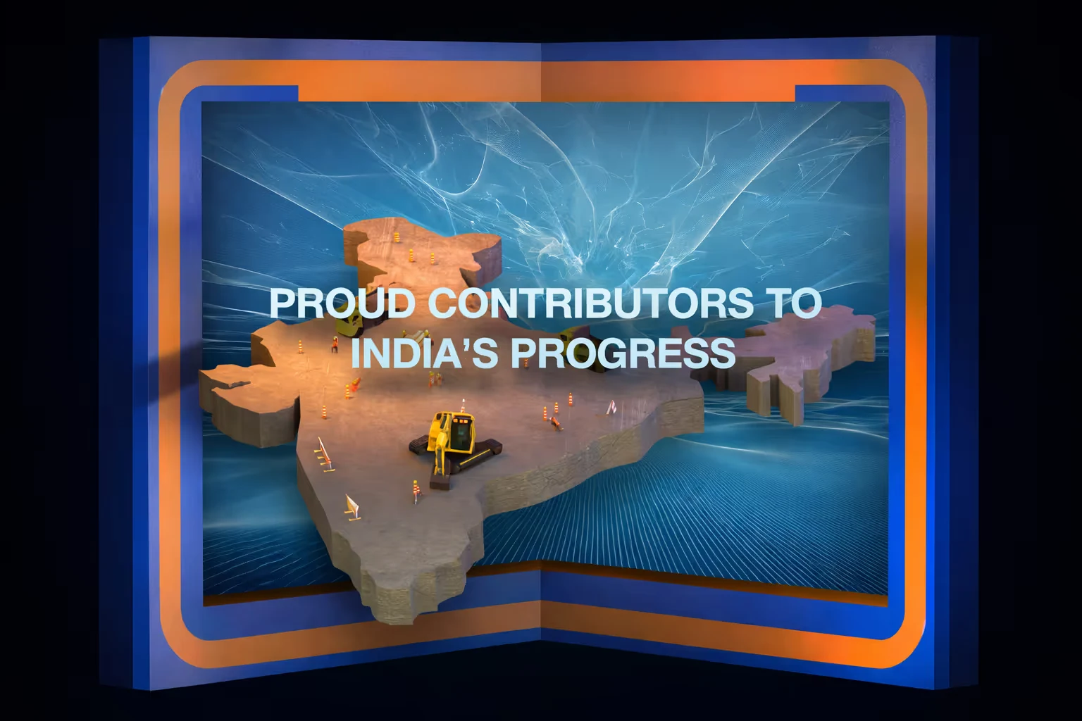 3D map of India under construction with a digger and traffic cones and text reading 'Proud contributors to India's progress'.