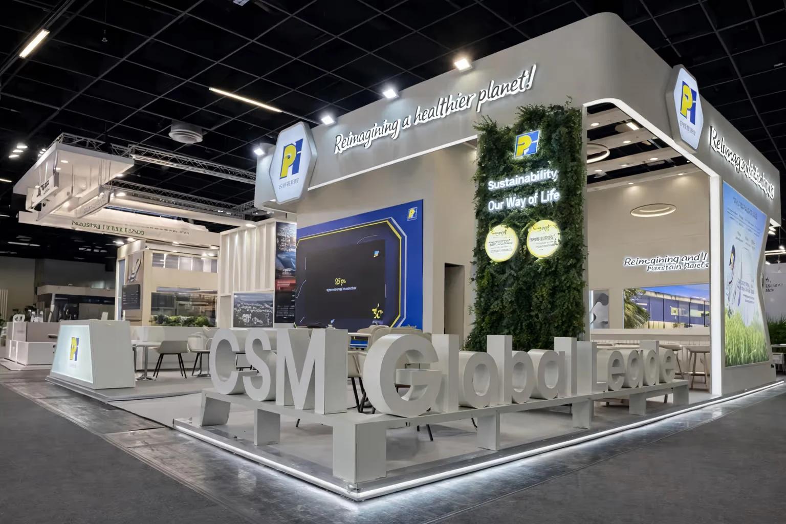 Exhibition booth with large white letters reading CSM Global Leader, featuring signage promoting sustainability and a healthier planet.