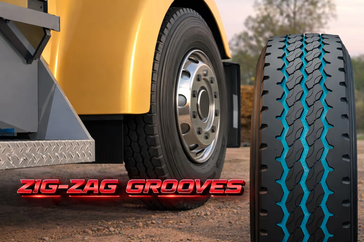 Close-up of a truck tyre with highlighted blue zig-zag grooves on the tread beside a yellow truck wheel.