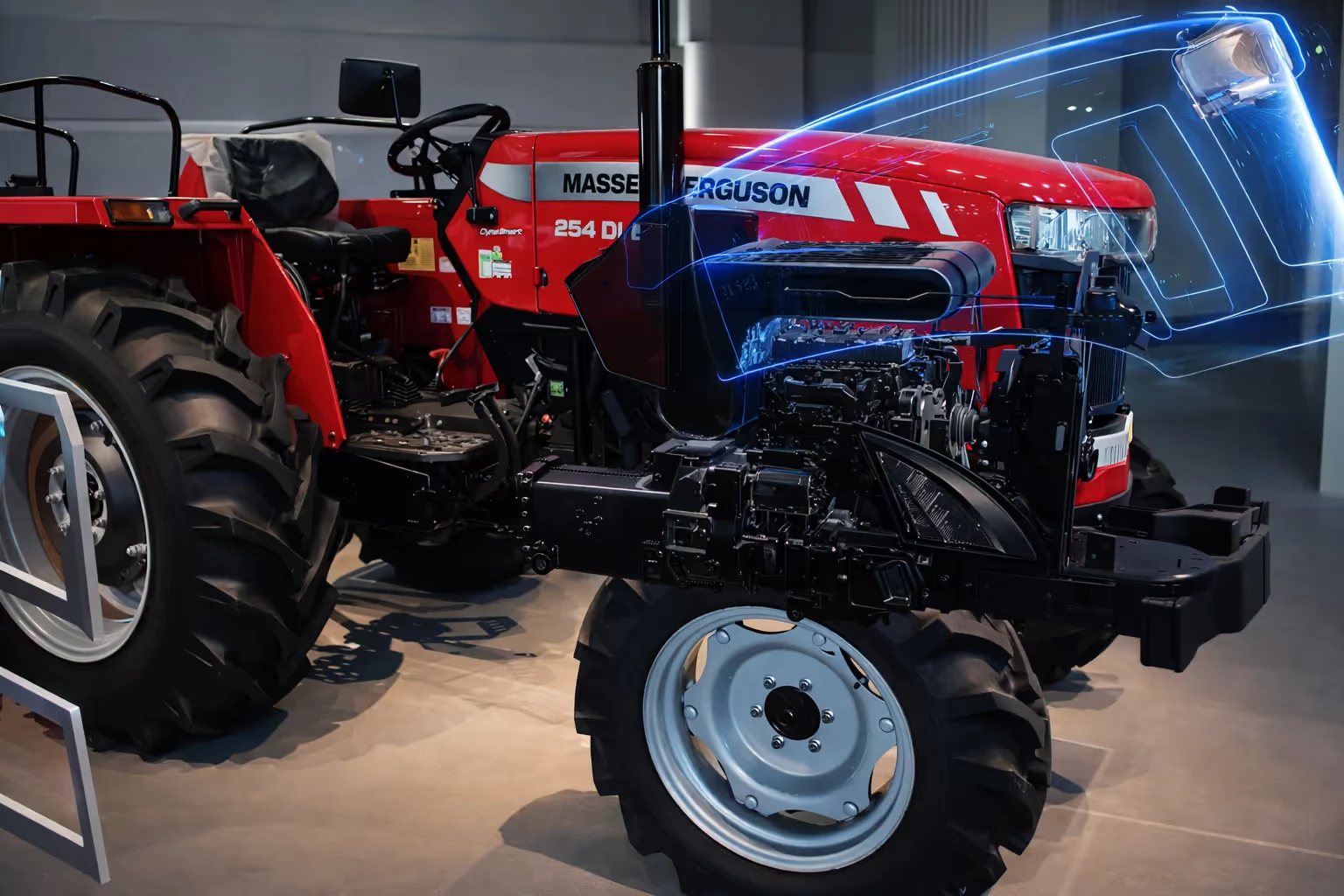 Red Massey Ferguson 254 DI tractor with a digital overlay showing its engine components.