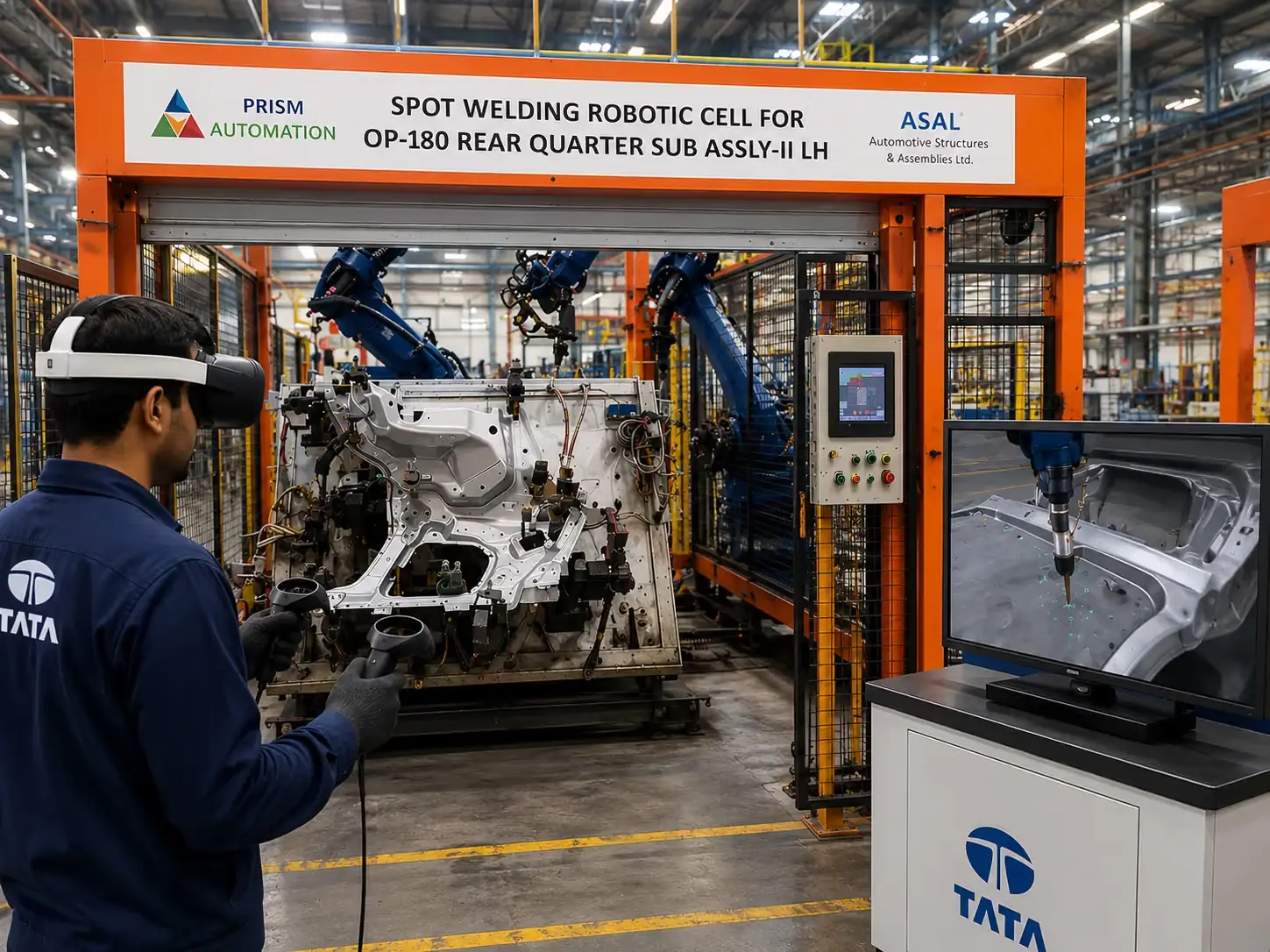 An operator trains in VR beside a spot welding robotic cell