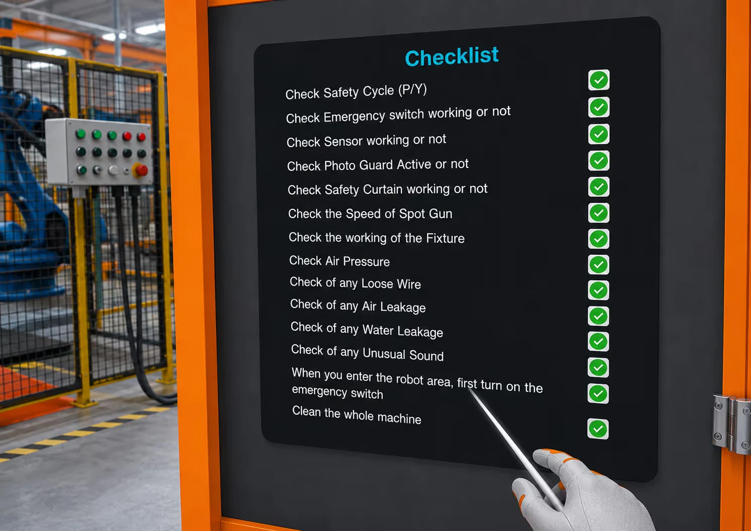 A pre-start checklist for a spot welding cell inside the VR module