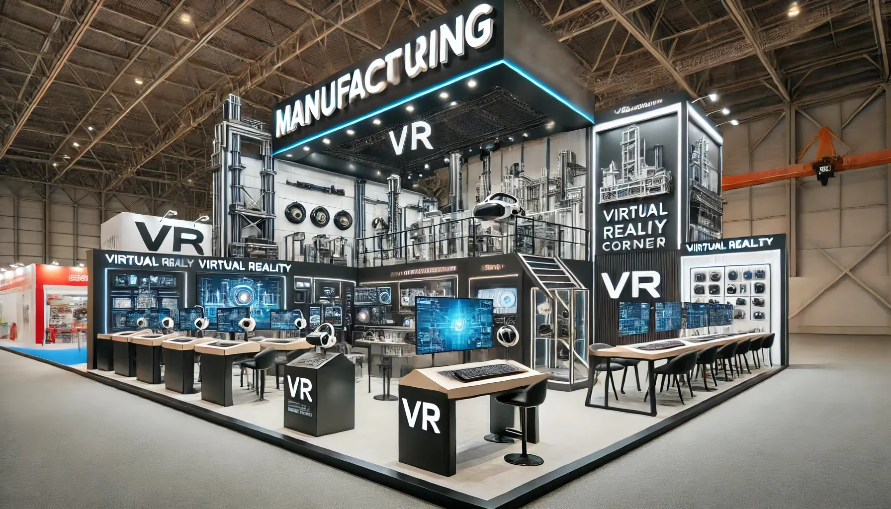 A large manufacturing booth setup at an exhibition, showcasing an industrial theme with various sections