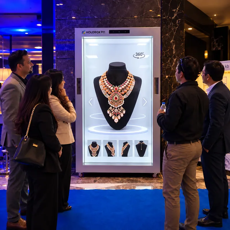 Visitors watching a 360 degree necklace showcase on a HoloBox911 display at COUTURE INDIA 2026, New Delhi
