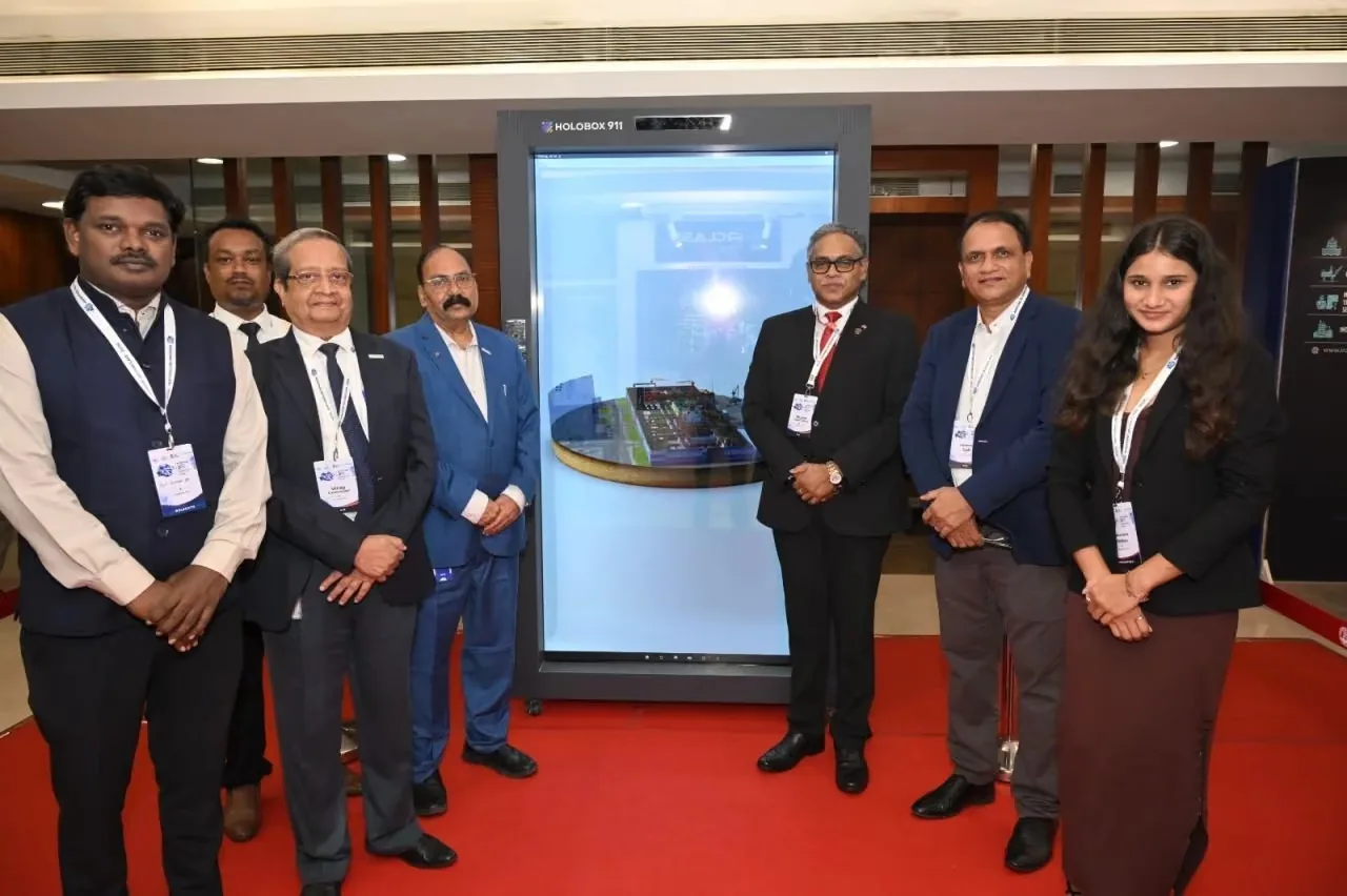 HoloBox911 holographic display showing a three-dimensional port and terminal model to delegates at Maritime XR Conclave 2026, Indian