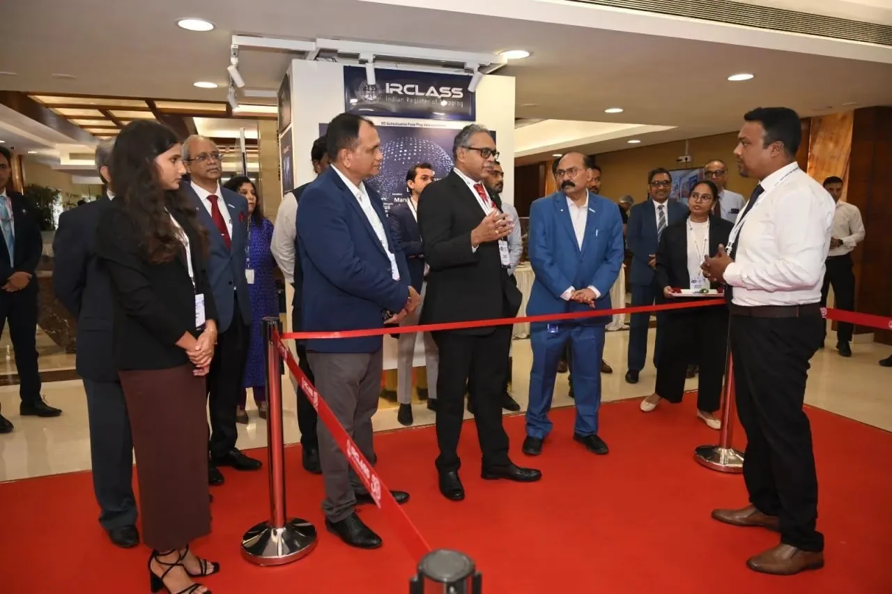 Delegates being briefed in the exhibition area beside the IRCLASS stand at Maritime XR Conclave 2026, Indian Register of Shipping, Powai, Mumbai