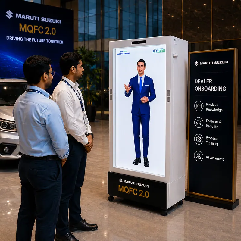 HoloBox911 illustration, not a documentary photograph: a HoloBox911 unit showing a life-size digital presenter beside a Maruti Suzuki MQFC