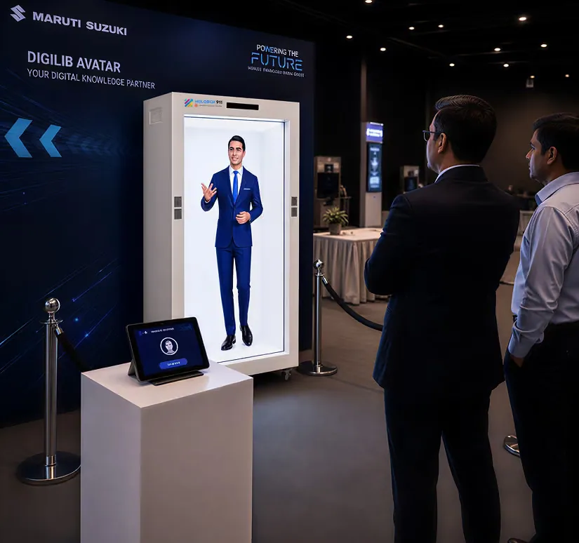 The DigiLib Avatar stand at the Maruti Suzuki Vendor Conference: a life-size AI avatar in a HoloBox911 transparent enclosure beneath a