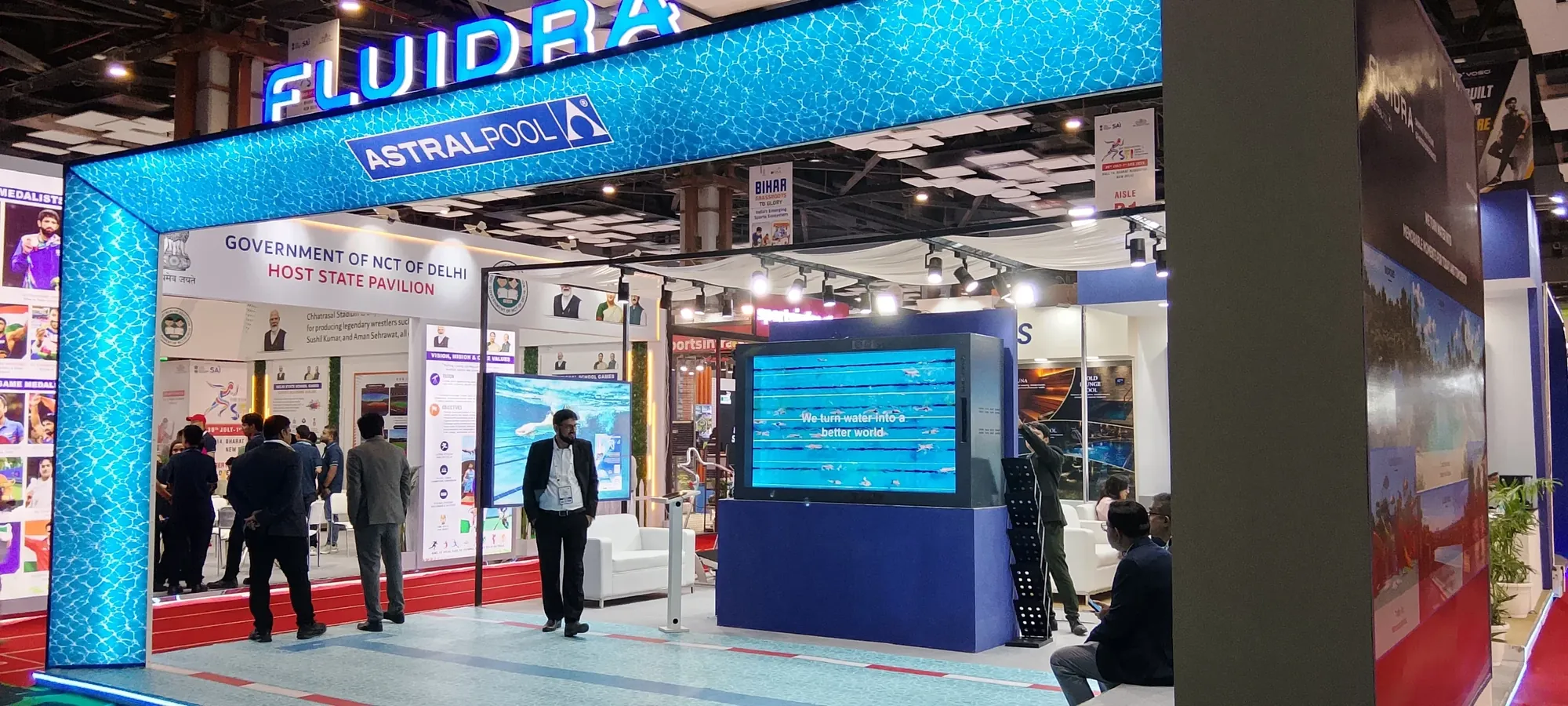 HoloBox911 hologram display on the Fluidra stand in Hall 14, Bharat Mandapam, SFI Expo 2026
