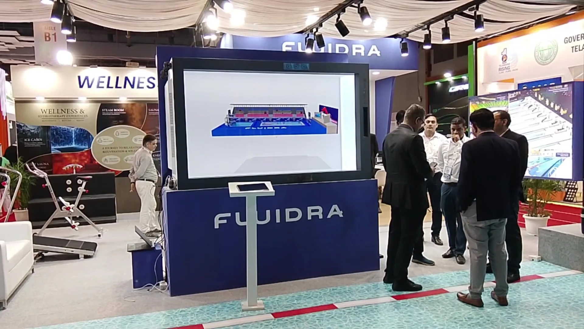 Fluidra Olympic competition pool shown as an interactive 3D hologram on HoloBox911