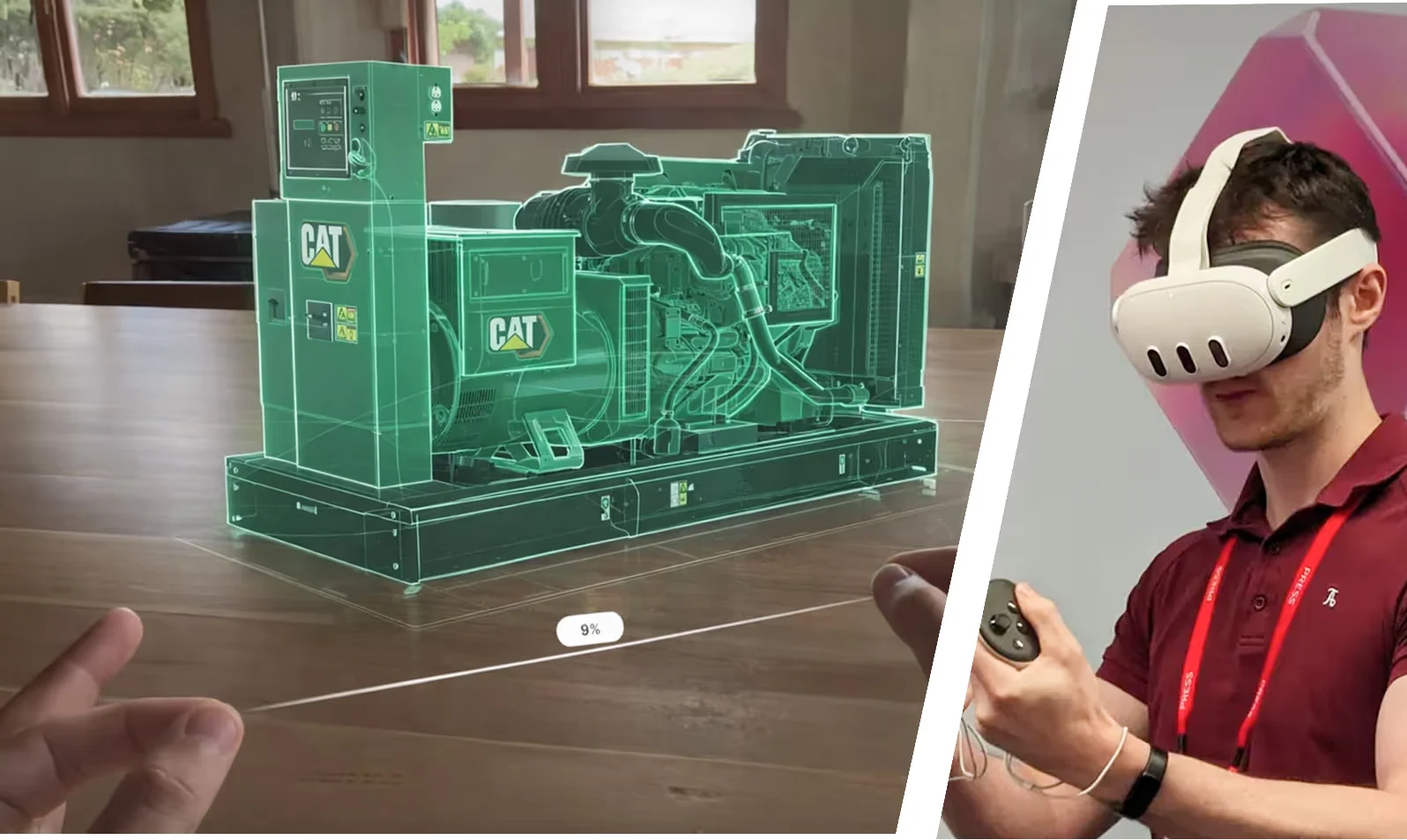 Person wearing a VR headset and holding a controller, interacting with a holographic 3D model of a CAT generator engine projected on a table.