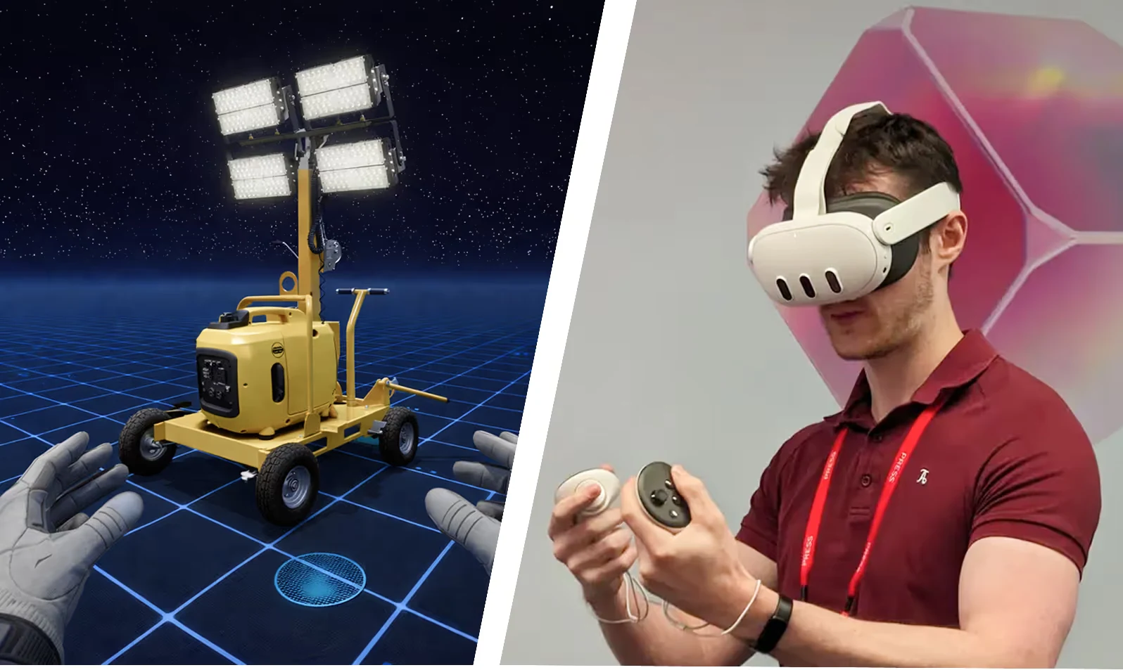 Split image showing a virtual reality simulation of a yellow floodlight tower with gloved hands on the left, and a man wearing a VR headset