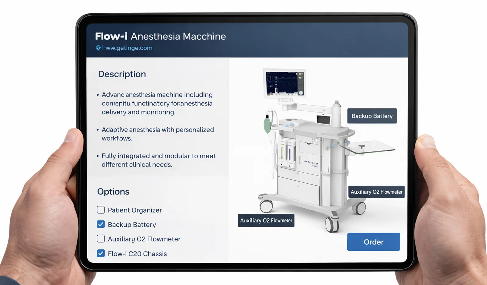 Tablet screen showing product details and options for Flow-i Anesthesia Machine with a labelled image of the machine and checkboxes for