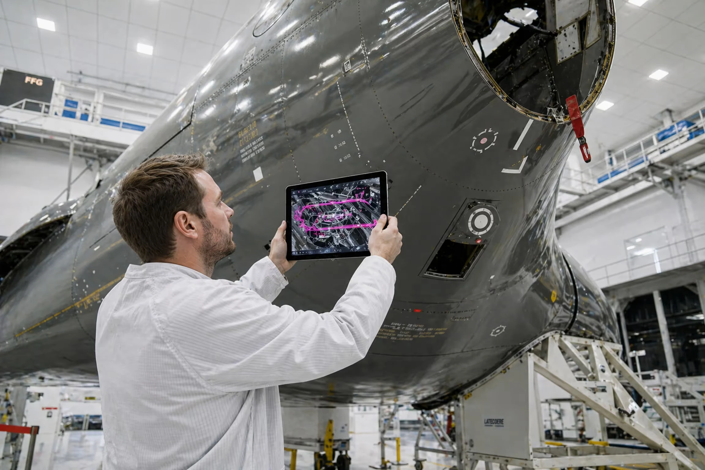 Engineer in white coat holding a tablet with 3D design overlay in front of a large spacecraft in a hangar.