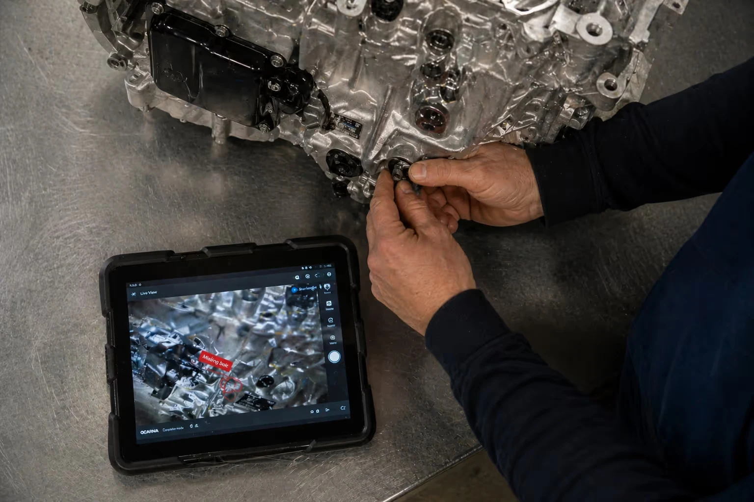 Person inspecting a metallic engine part on a table with a tablet showing a close-up labelled 'Missing bolt'.