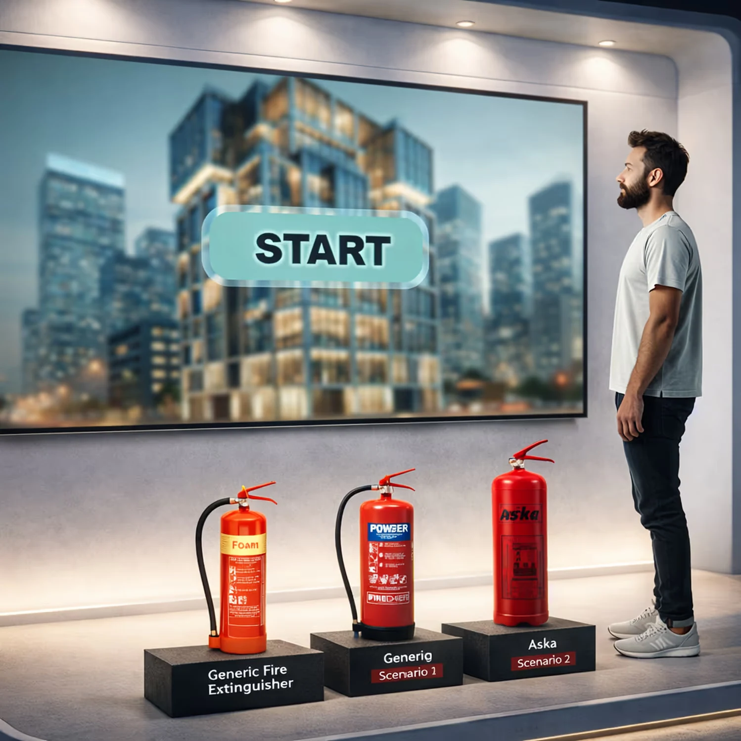 Man standing next to three fire extinguishers labeled Generic Fire Extinguisher, Generig Scenario 1, and Aska Scenario 2 in front of a