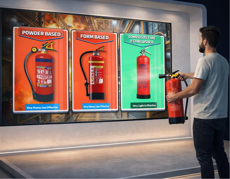 Man holding a fire extinguisher stands in front of a display comparing powder-based, foam-based, and composite fire extinguishers
