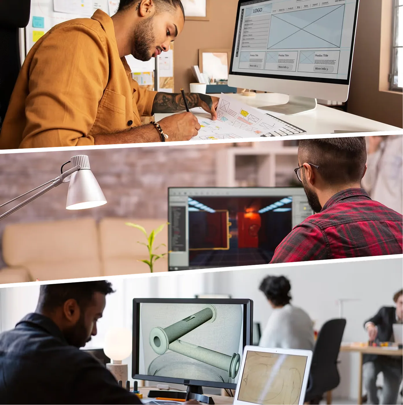 Three people working on product design: a man sketching wireframes, another viewing 3D modeling on a computer, and a third analyzing a
