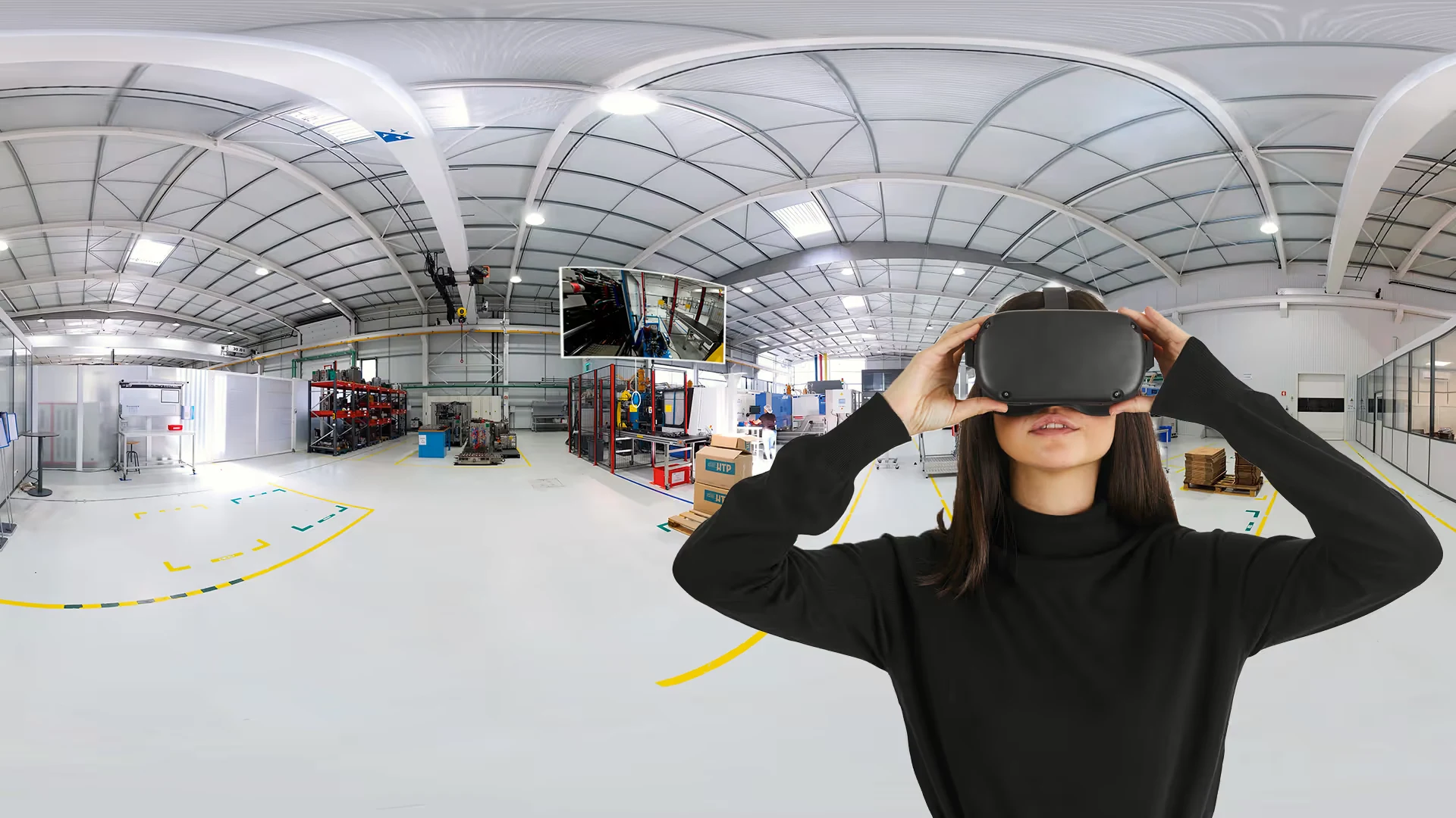 Interactive 360° virtual factory tour demonstration with a VR headset and panoramic manufacturing facility for remote product presentations.
