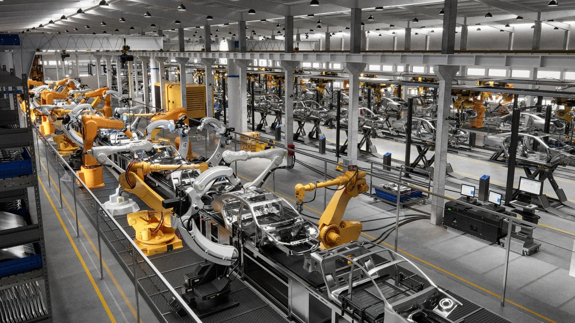 Automotive manufacturing production line featured in a 360° virtual factory tour with robotic assembly systems and industrial automation.