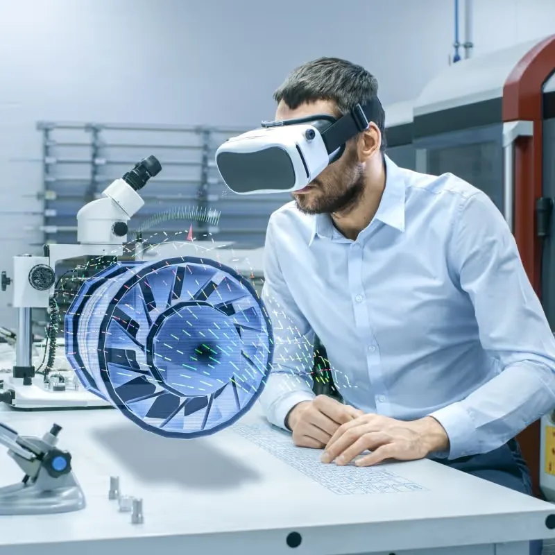 Person experiencing a 360° virtual factory tour using a VR headset to explore manufacturing processes and industrial equipment.