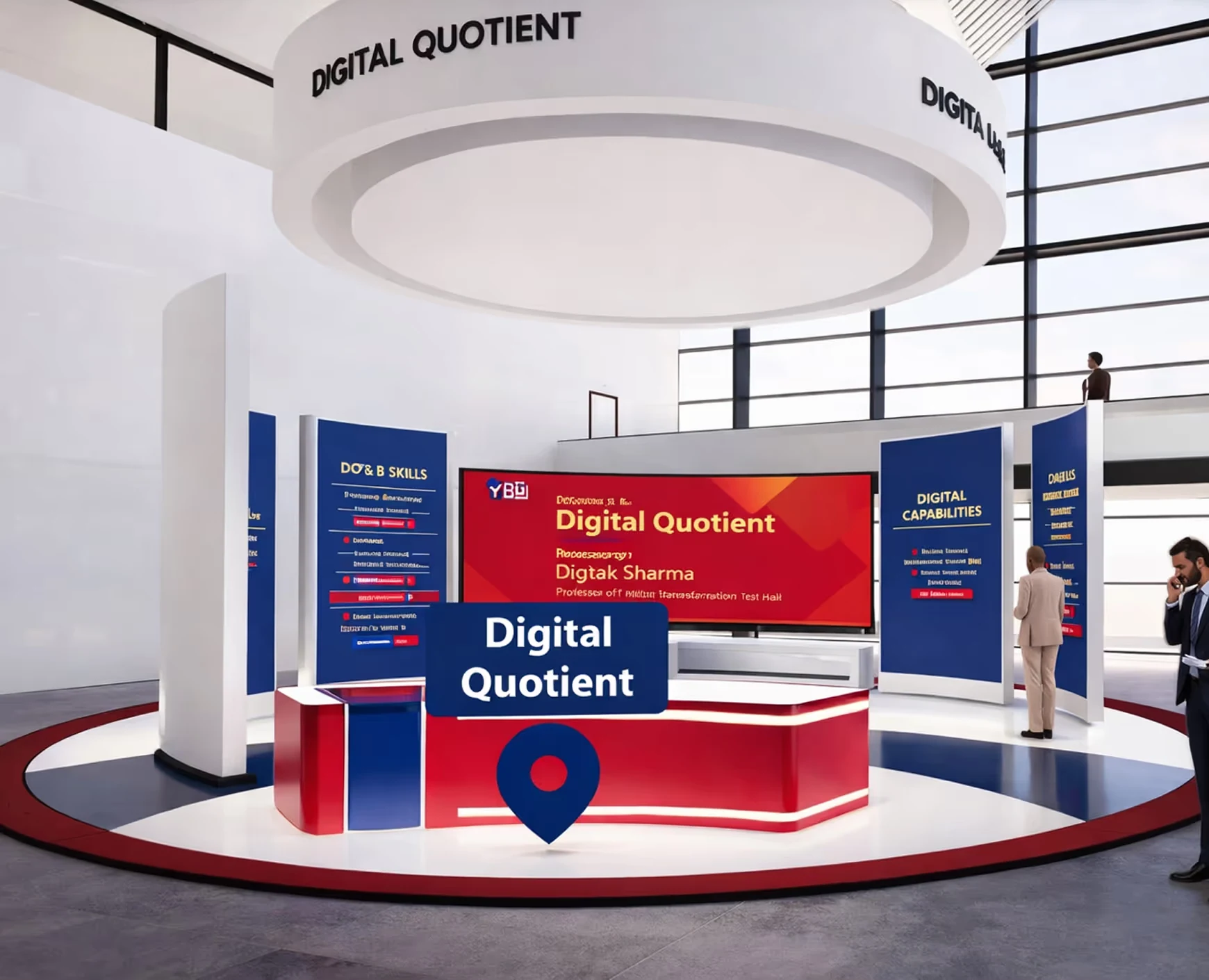 Circular exhibition booth display featuring "Digital Quotient" branding, informational panels on capabilities and skills, and business