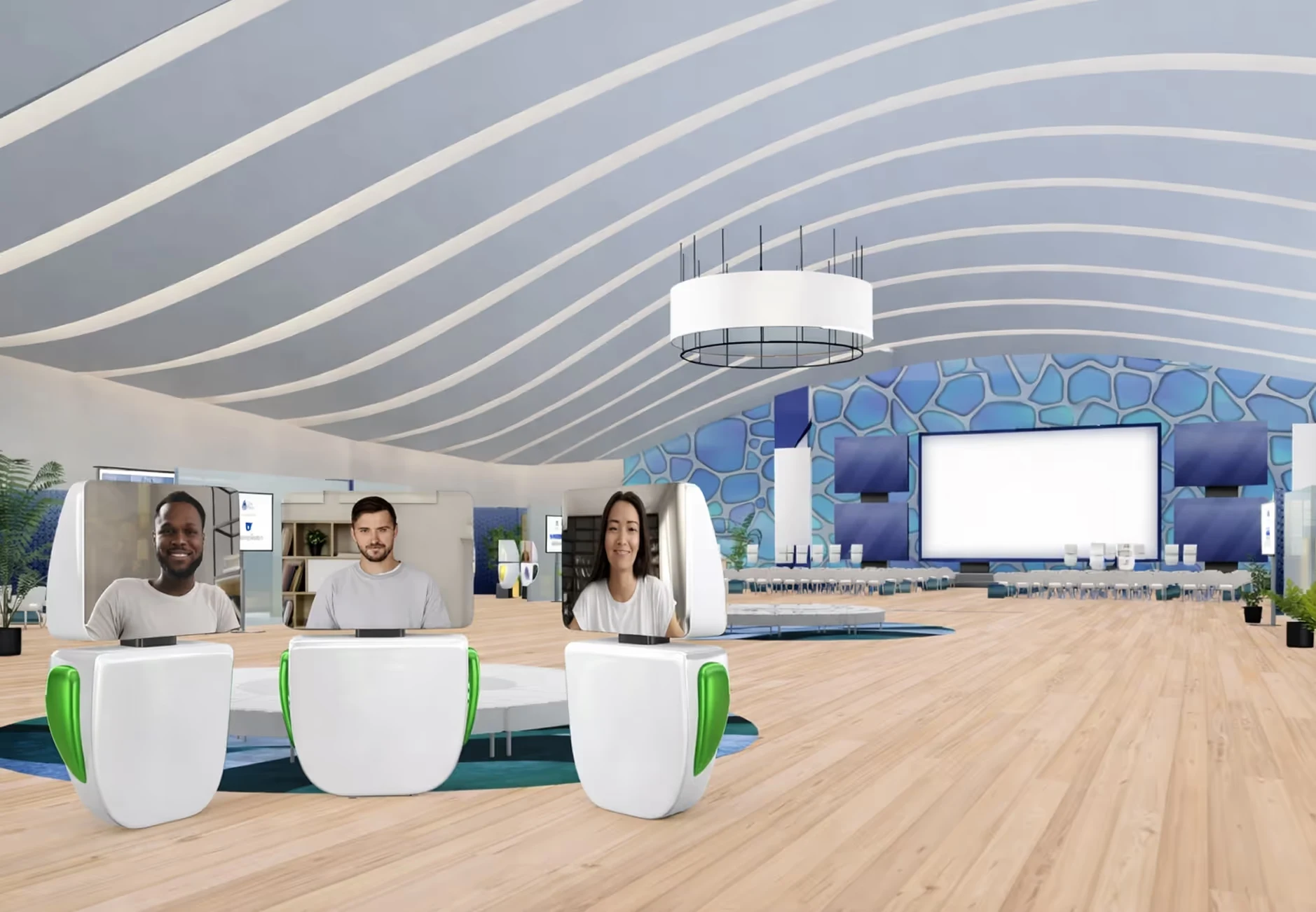 Virtual conference room with three digital avatars displayed on futuristic white and green podiums against a modern space with a large