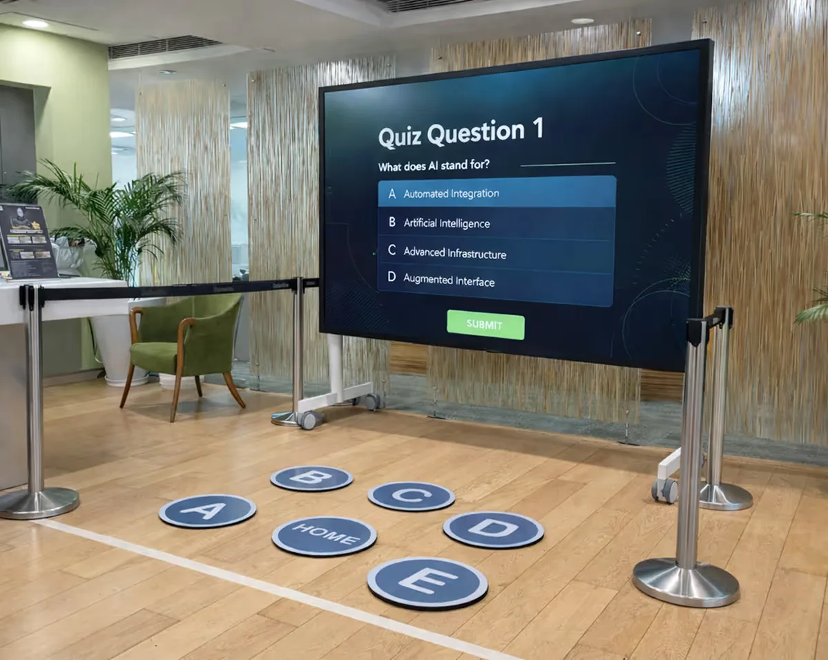 Large screen in a modern room displaying Quiz Question 1 asking 'What does AI stand for?' with options A to D, and floor markers labeled A to E