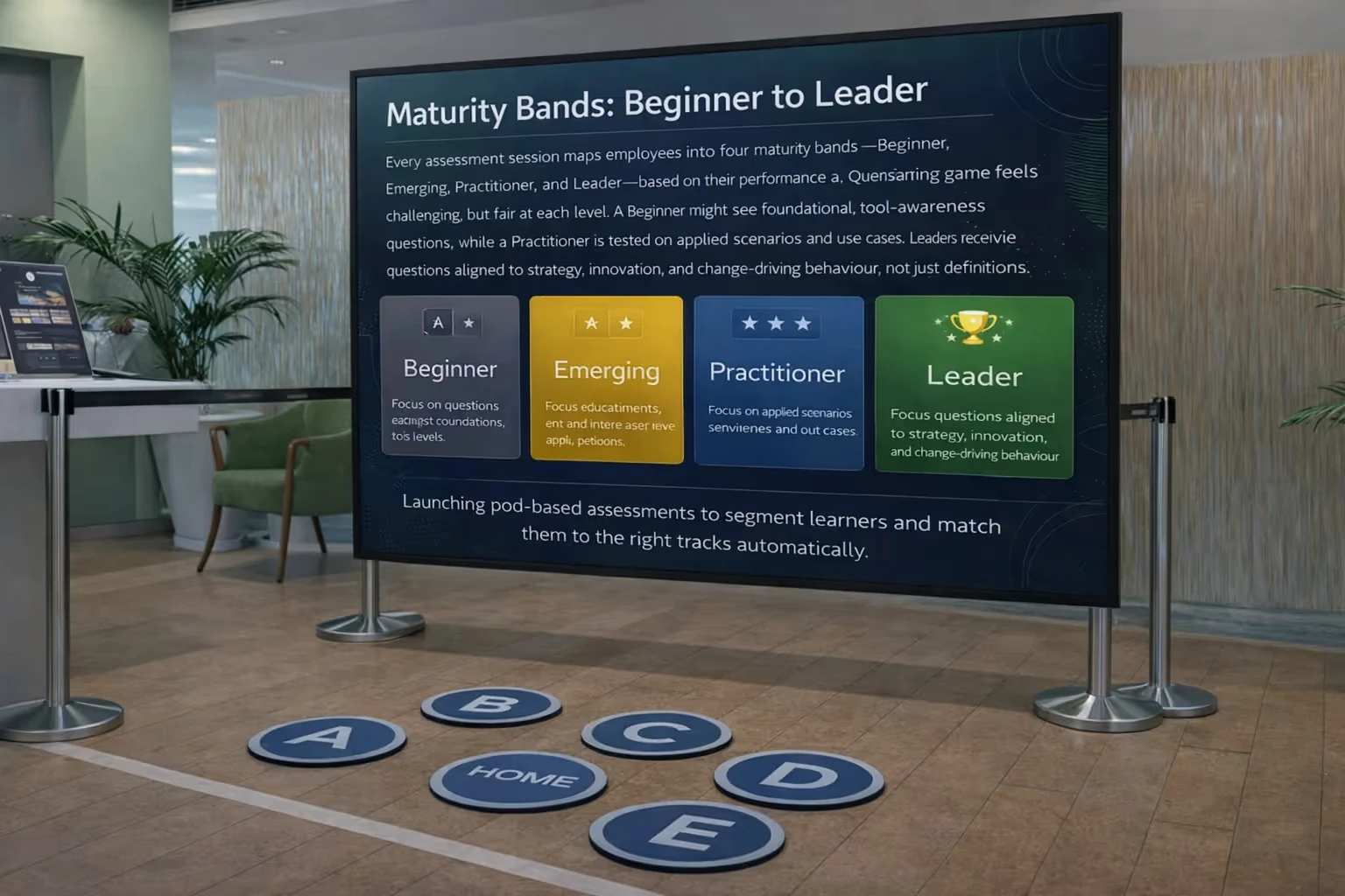 Large screen showing four maturity bands from Beginner to Leader with descriptions, in an office setting with floor buttons labeled A, B, C, D, E